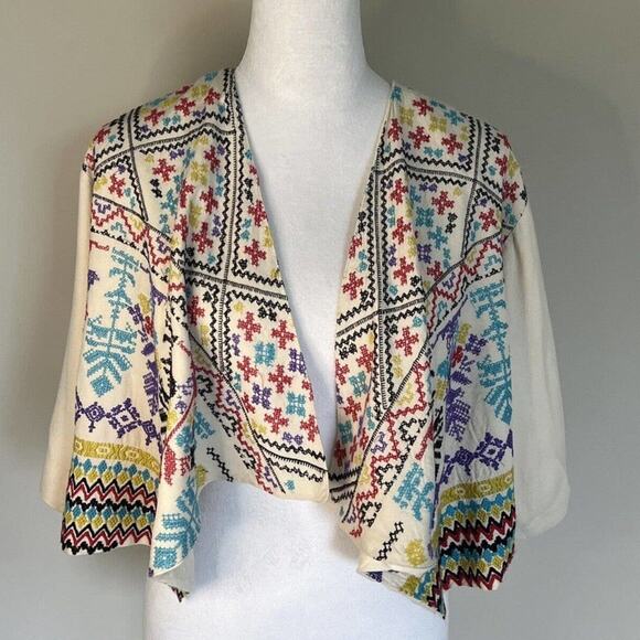 Urban Outfitters Ecote Vintage Crop Open Front Embroidered Boho Aztec Size Small - Picture 1 of 12